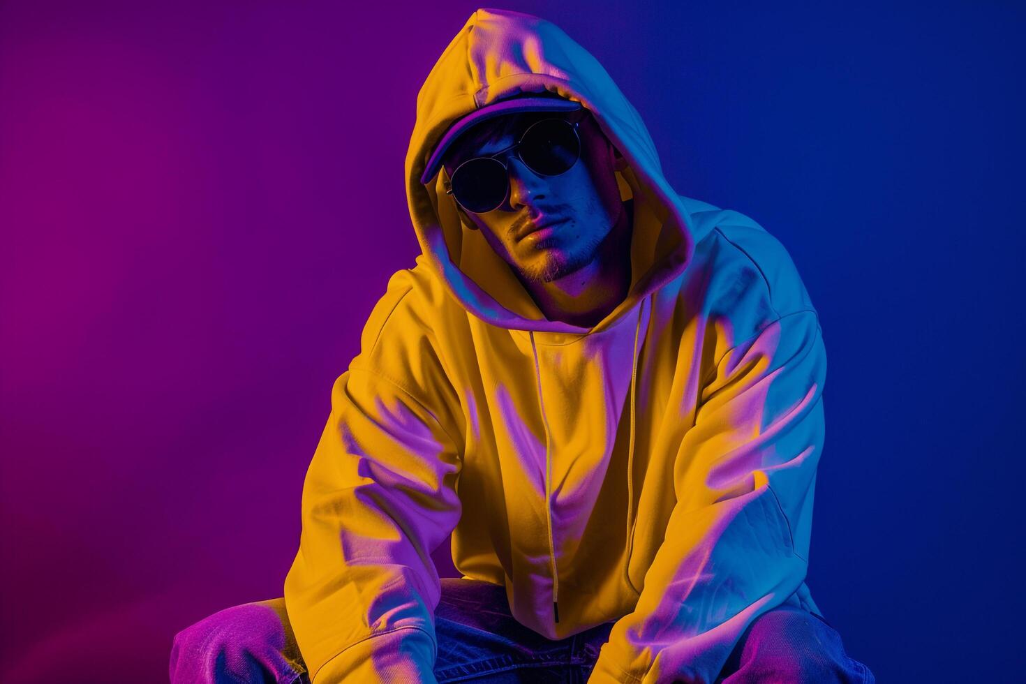 Modern Fashion Male Model in Neon Yellow Hoodie with Neon purple Background energetic Urban portrait Showcasing Contemporary Style photo