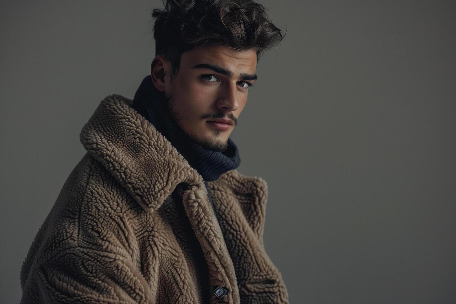 Stylish Male Fashion Male Model in Fashion Fleece Jacket with Light Taupe Background Contemporary Urban portrait with Modern Appeal photo