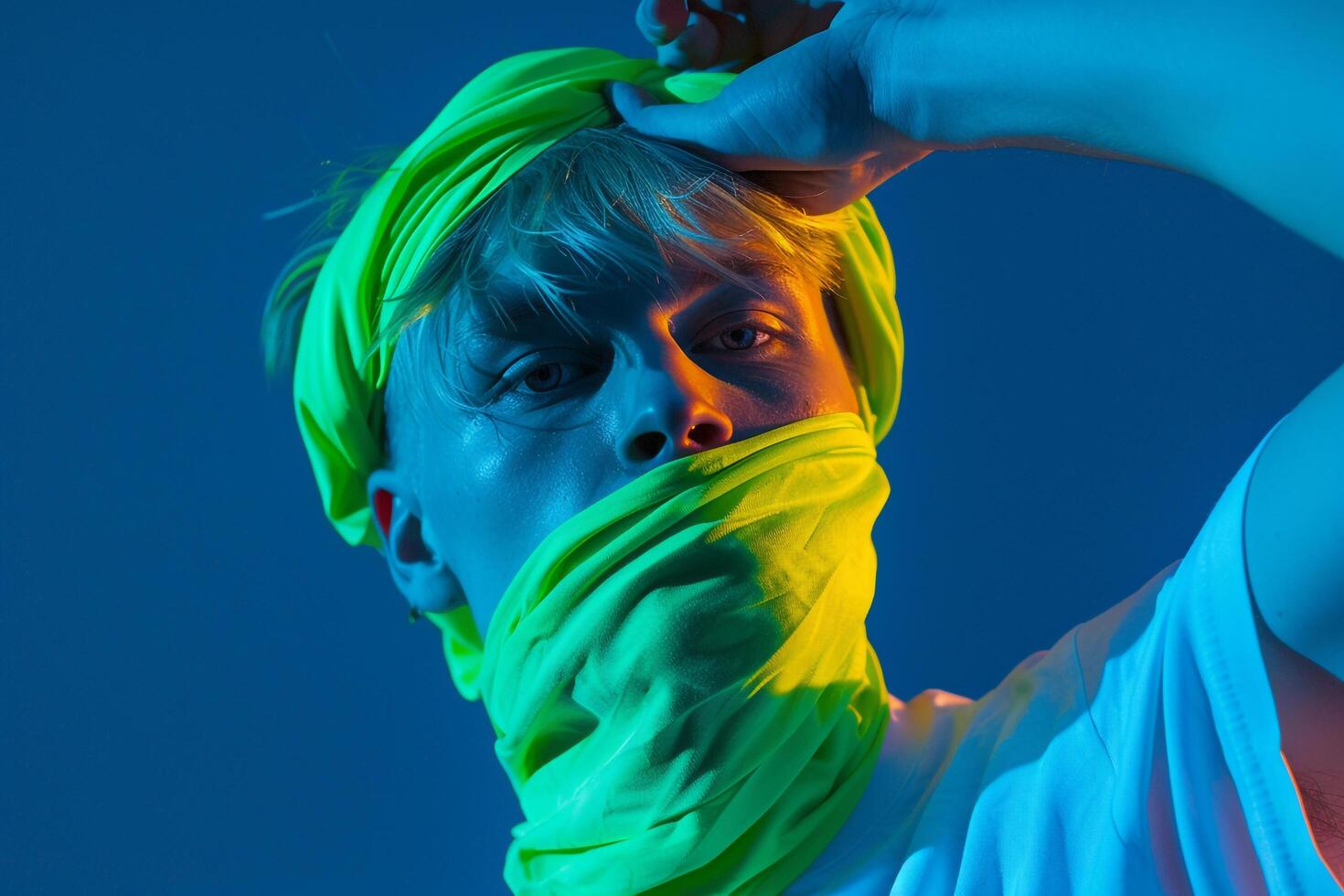 Fashionable Male Model in Neon Green Bandana with Neon Blue Background Dynamic Urban portrait Featuring Stylish Apparel photo