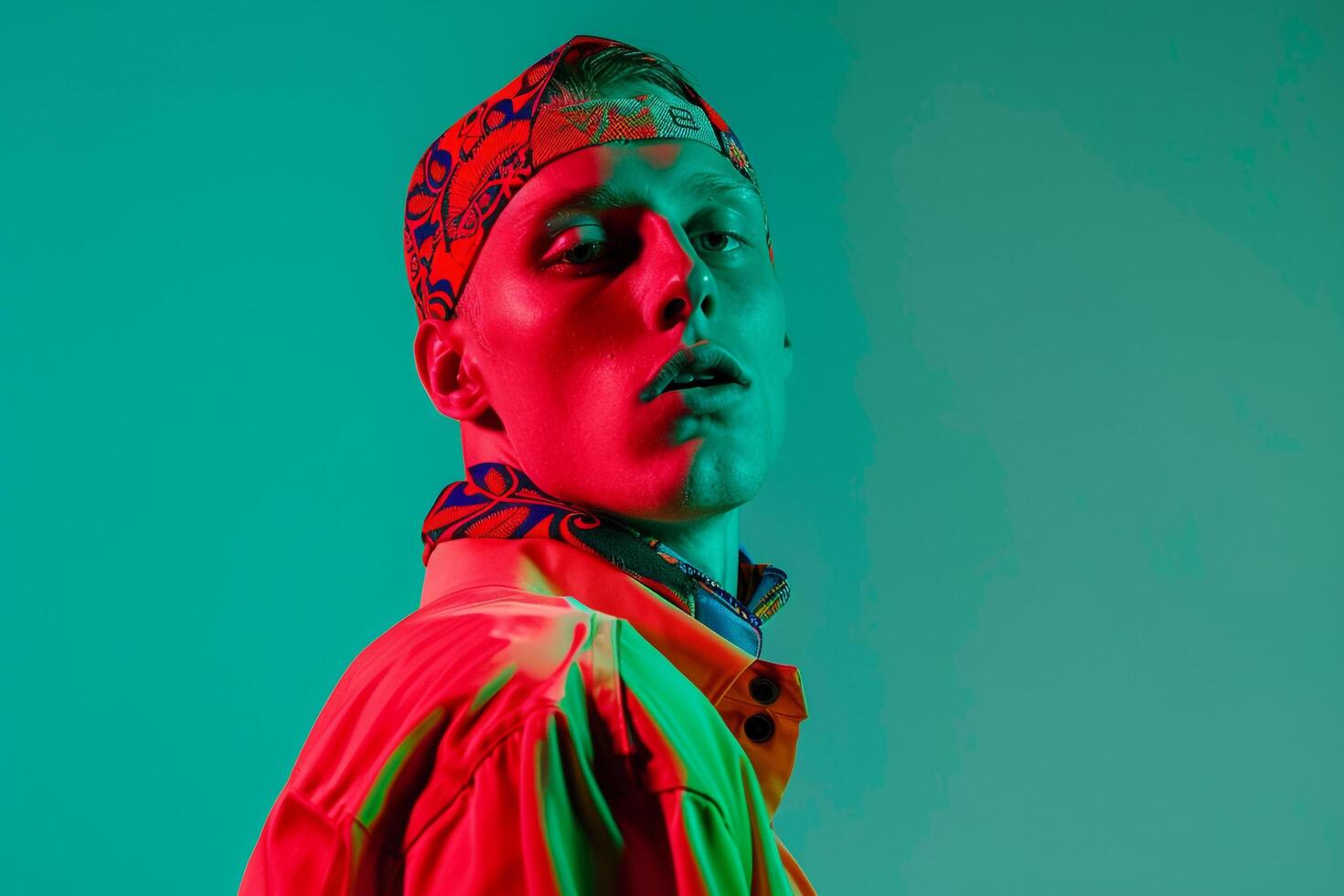Trendy Male Model in Neon Coral Bandana with Neon Green Background Chic Urban portrait Featuring Modern Style photo