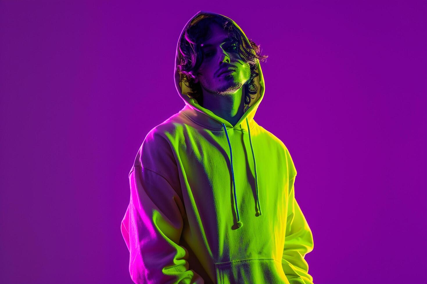 Trendy Male Model in Neon Yellow Hoodie with Neon purple Background Chic Urban portrait Featuring Contemporary Style photo
