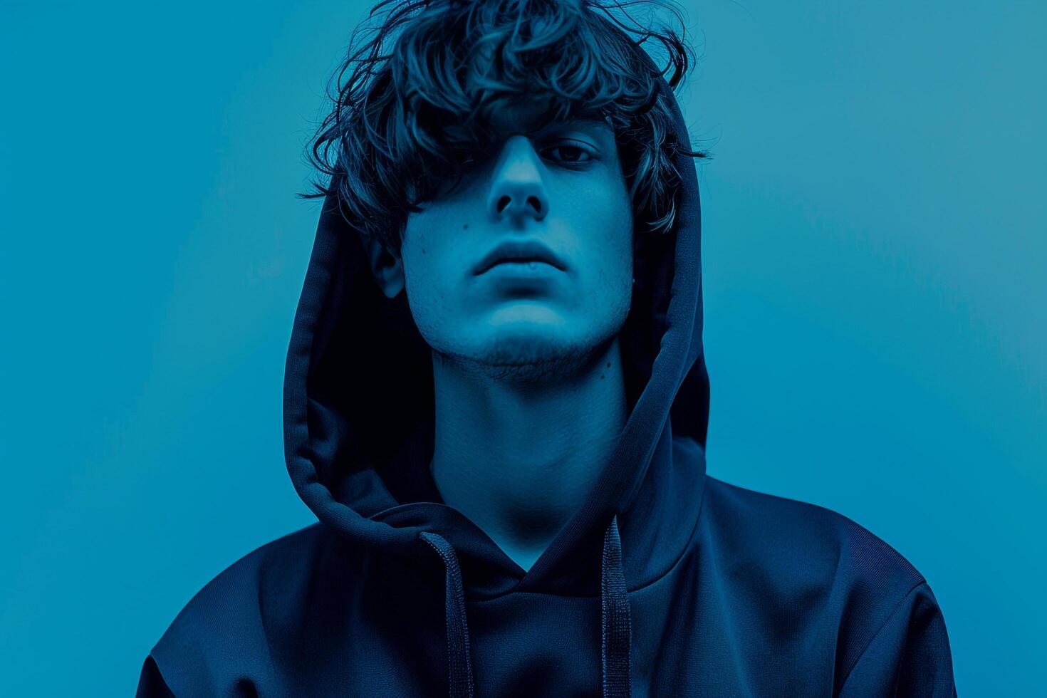 elegant Male Model in High end Hoodie with Soft Blue Background Trendy Urban portrait Featuring Contemporary Style photo