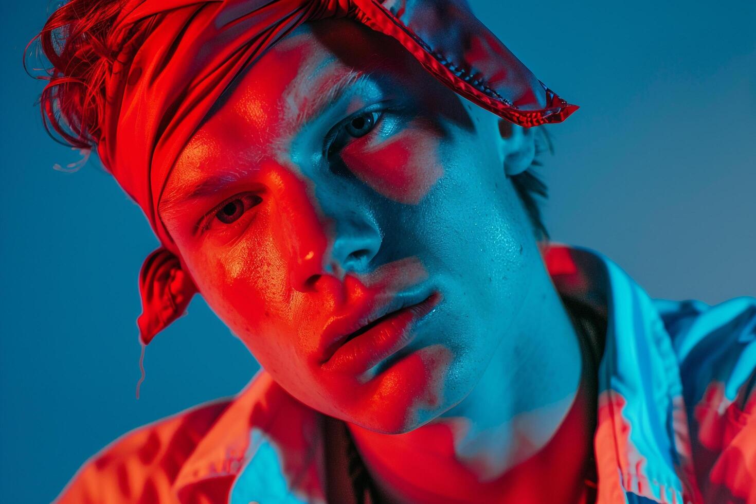 Fashionable Male Model in Neon Red Bandana with Neon Aqua Background Stylish Urban portrait Featuring Modern Fashion photo