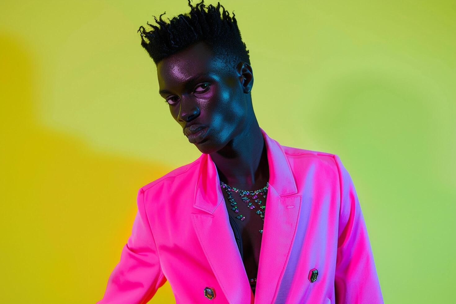 Fashionable Male Model in Neon pink Blazer with Neon Yellow Background energetic Urban portrait with Contemporary Appeal photo