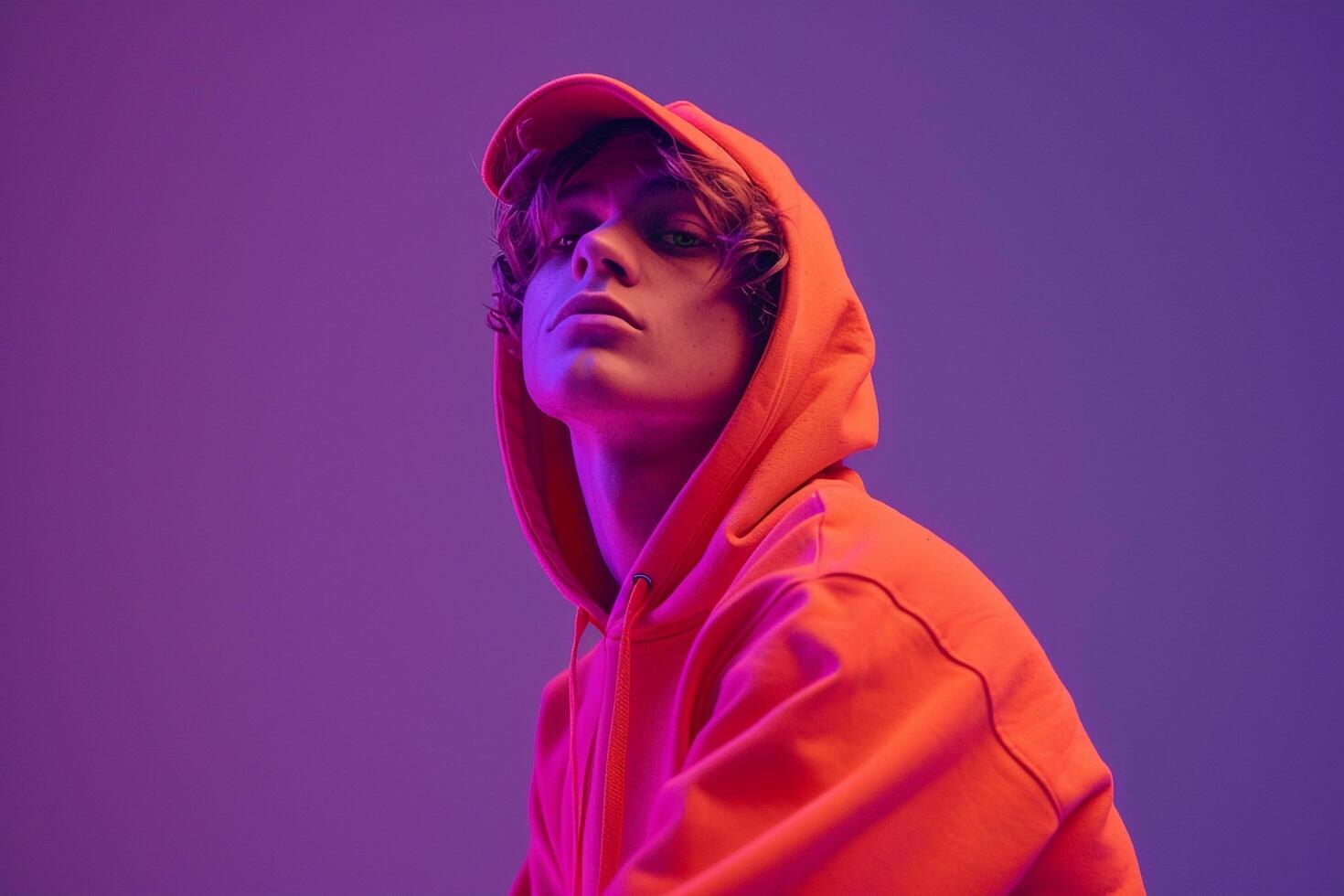 Chic Male Model in Neon Orange Hoodie with Neon purple Background energetic Urban portrait Featuring Contemporary Fashion photo