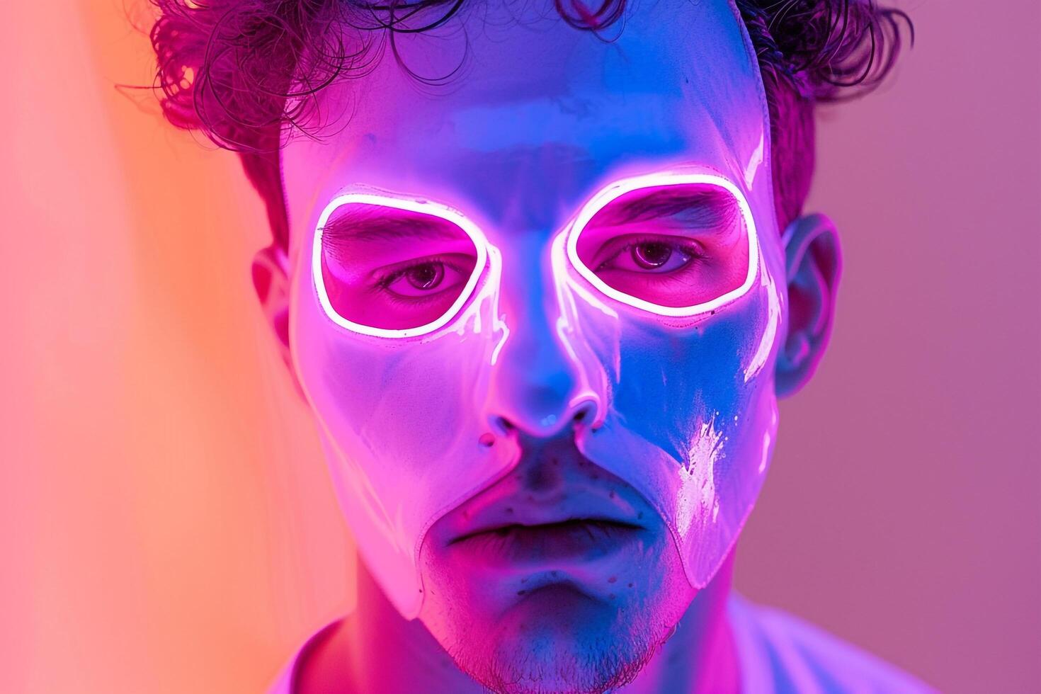 Fashionable Male Model in Neon purple Face Mask with Neon Coral Background Chic Urban portrait Featuring Modern Style photo