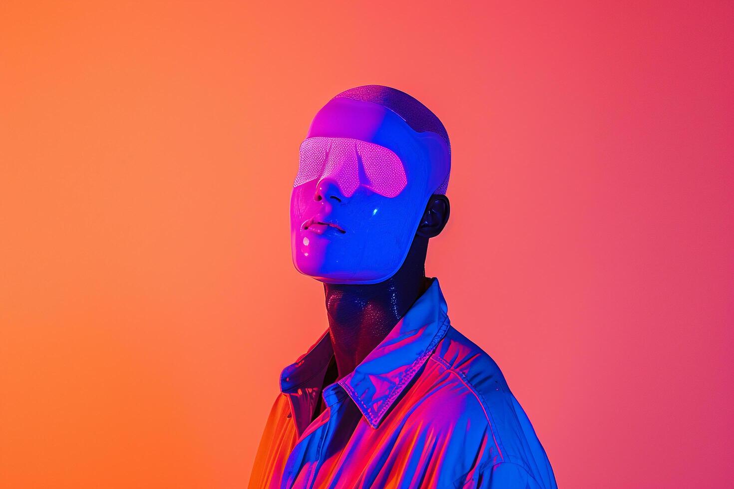 Fashionable Male Model in Neon purple Face Mask with Neon Coral Background Chic Urban portrait Featuring Contemporary Style photo