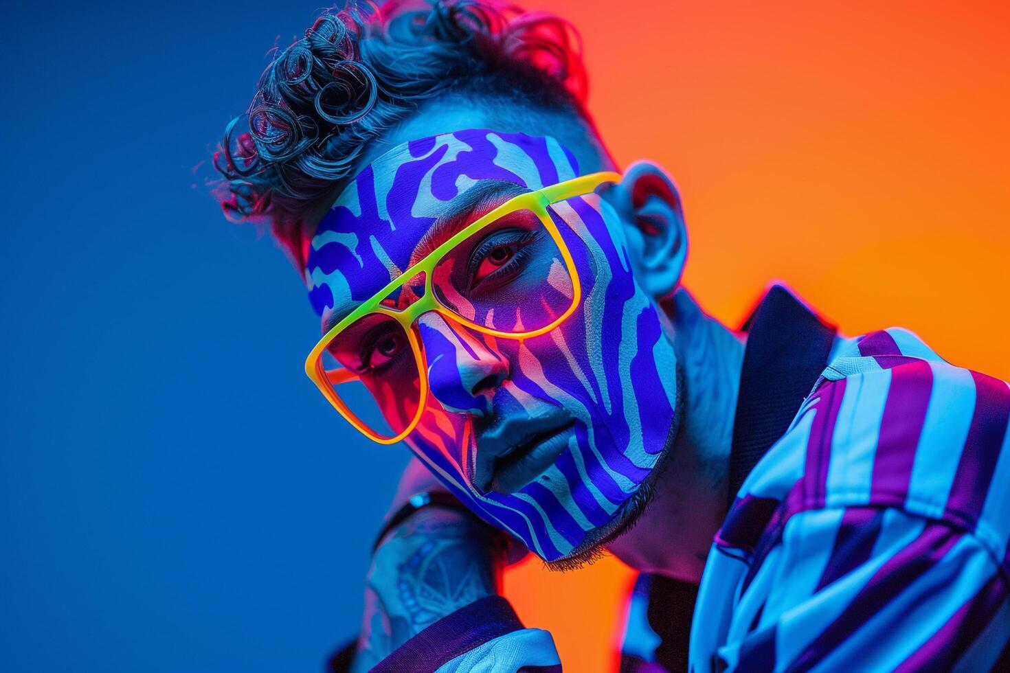 Fashionable Male Model in Neon purple Face Mask with Neon Coral Background Chic Urban portrait Featuring Modern Style photo