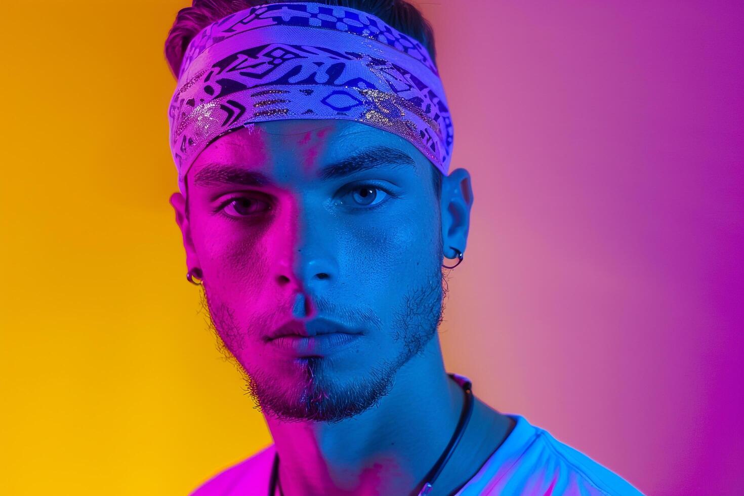 Trendy Male Model in Neon purple Bandana with Neon Yellow Background Stylish Urban portrait Featuring Contemporary Fashion photo