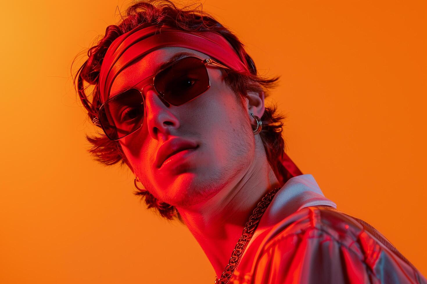 Fashionable Male Model in Neon Red Bandana with Neon Orange Background Trendy Urban portrait Showcasing Contemporary Style photo
