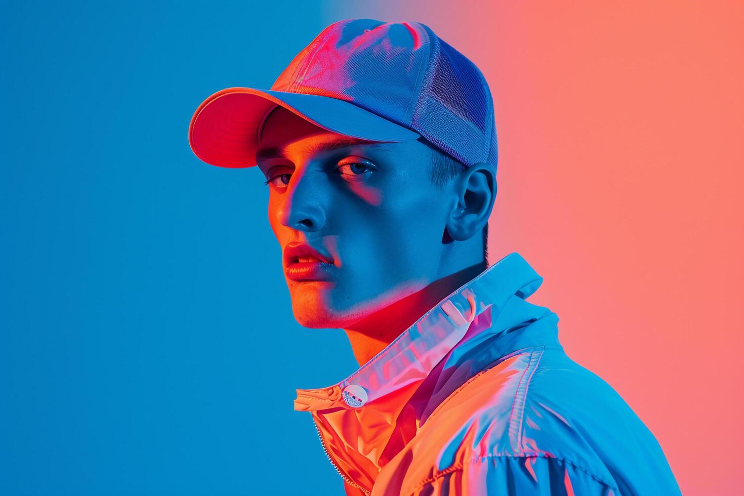 Trendy Male Fashion Male Model in Neon Coral Cap with Neon Blue Background energetic Urban portrait Featuring Modern Style photo