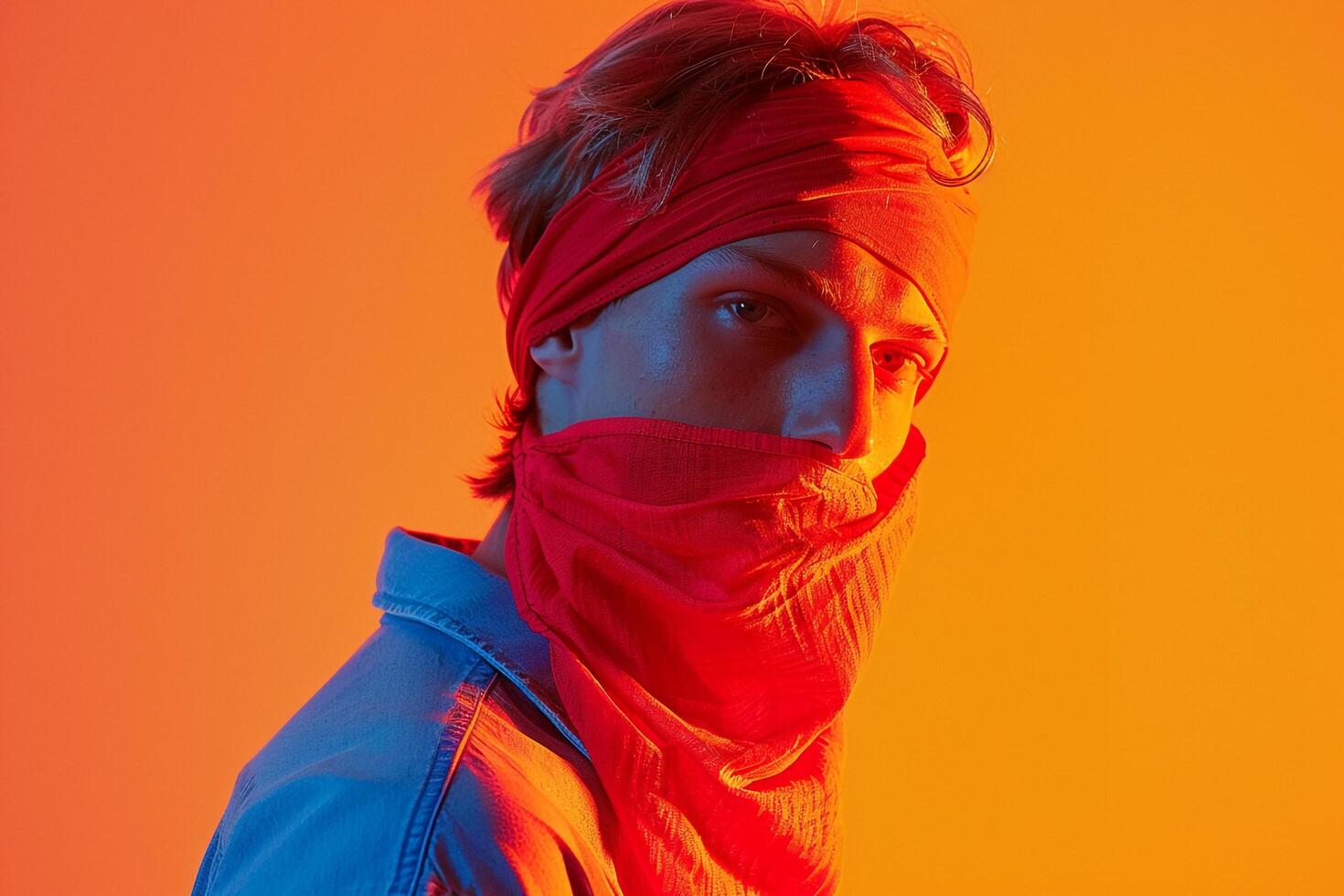 Stylish Male Model in Neon Red Bandana with Neon Orange Background energetic Urban portrait Featuring Contemporary Fashion photo