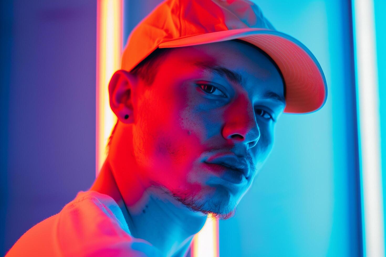 Trendy Fashion Male Model in Neon Coral Cap with Neon Blue Background Chic Urban portrait Featuring Modern Appeal photo