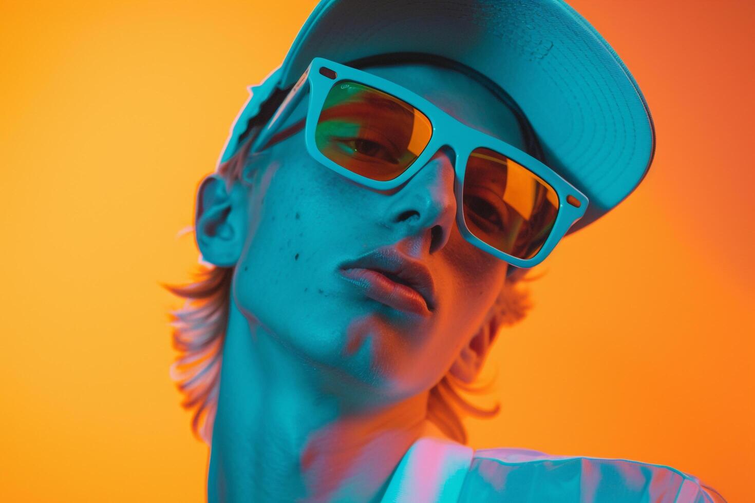Fashionable Male Model in Neon Teal eyewear with Neon Orange Background energetic Urban portrait Featuring Contemporary Style photo