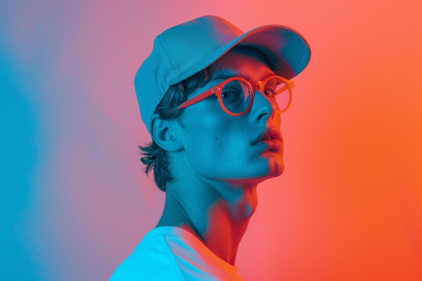 Chic Male Model in Neon Coral Cap with Neon Blue Background energetic Urban portrait Featuring Modern Fashion photo