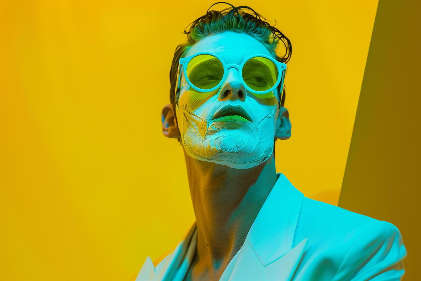 Stylish Male Model in Mint Green Face Mask with Neon Yellow Background energetic Urban portrait Featuring Modern Fashion photo