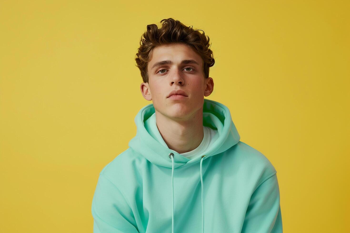 Stylish Fashion Male Model in Mint Green Hoodie with Neon Yellow Details Trendy Males portrait with Chic Appearance photo
