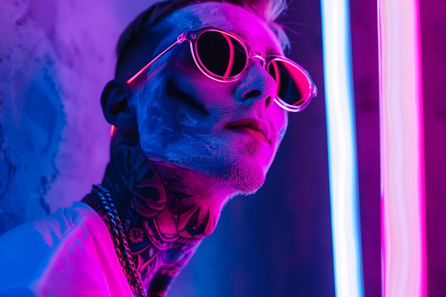 Fashion Male Model in Sky Blue Face Mask with Neon purple Accents Males portrait with Chic Look and Stylish Background photo