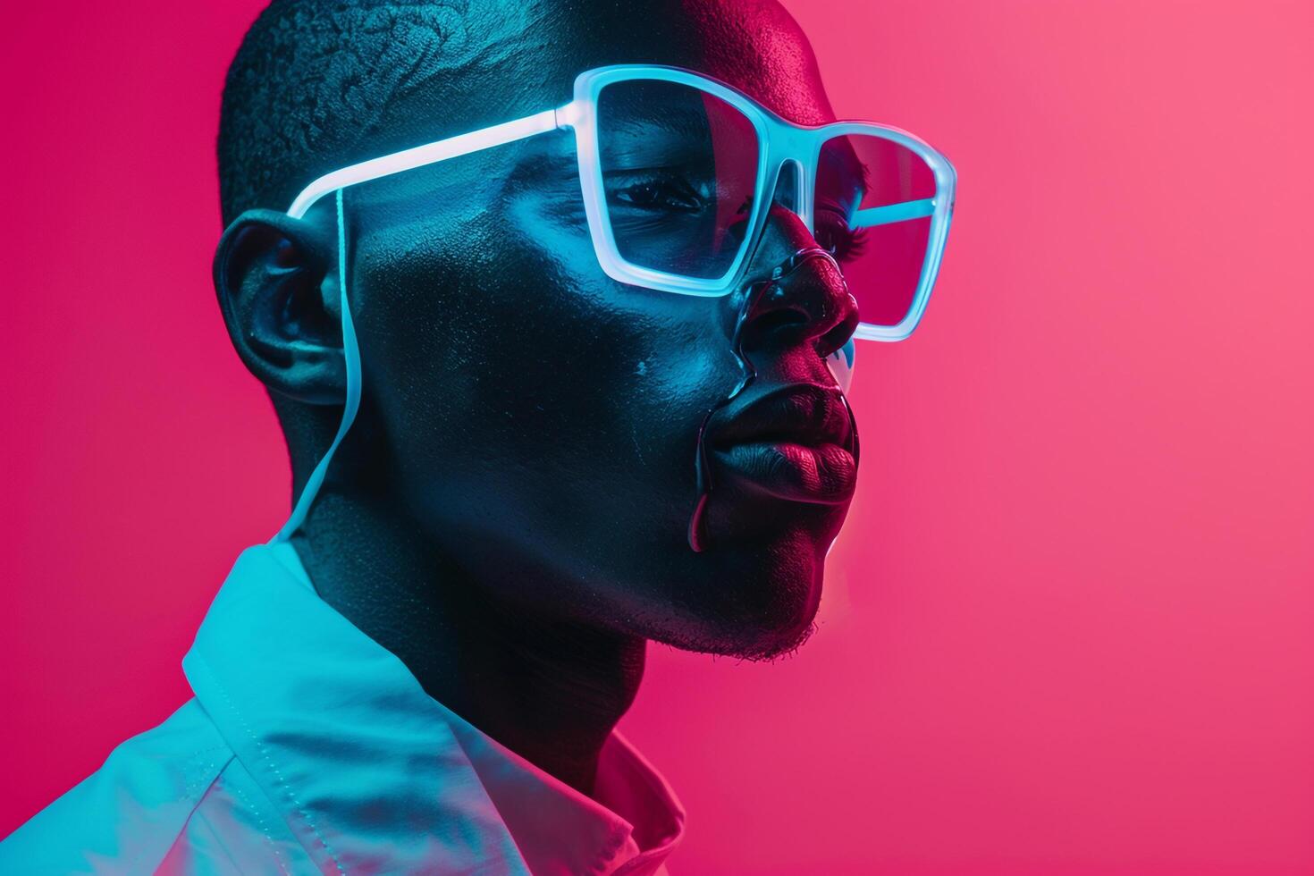 Handsome Fashion Male Model in Sky Blue Face Mask with Neon pink Accents Males portrait with Chic and Stylish Appearance photo