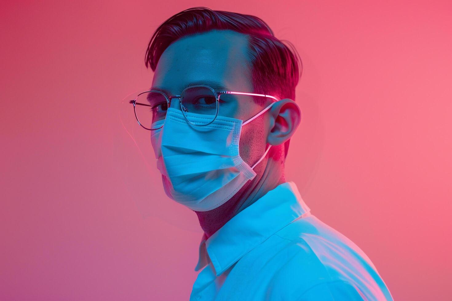 Handsome Fashion Male Model in Sky Blue Face Mask with Neon pink Accents Males portrait with Chic and Trendy Background photo