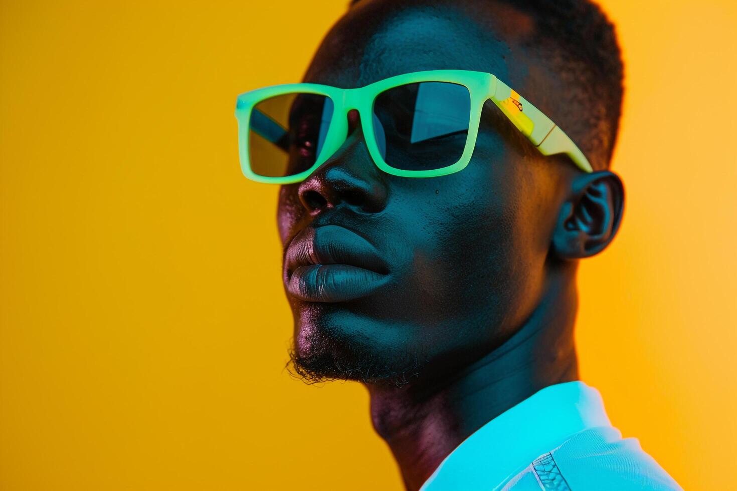 Trendy Fashion Male Model in Mint Green eyewear with Neon Yellow Details Males portrait with Chic and Stylish Look photo