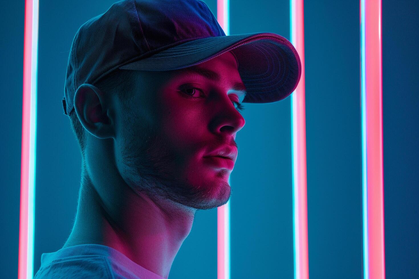 Stylish Male Model in Charcoal Gray Cap with Neon Blue Accents Males portrait with Chic Appearance and Trendy Background photo