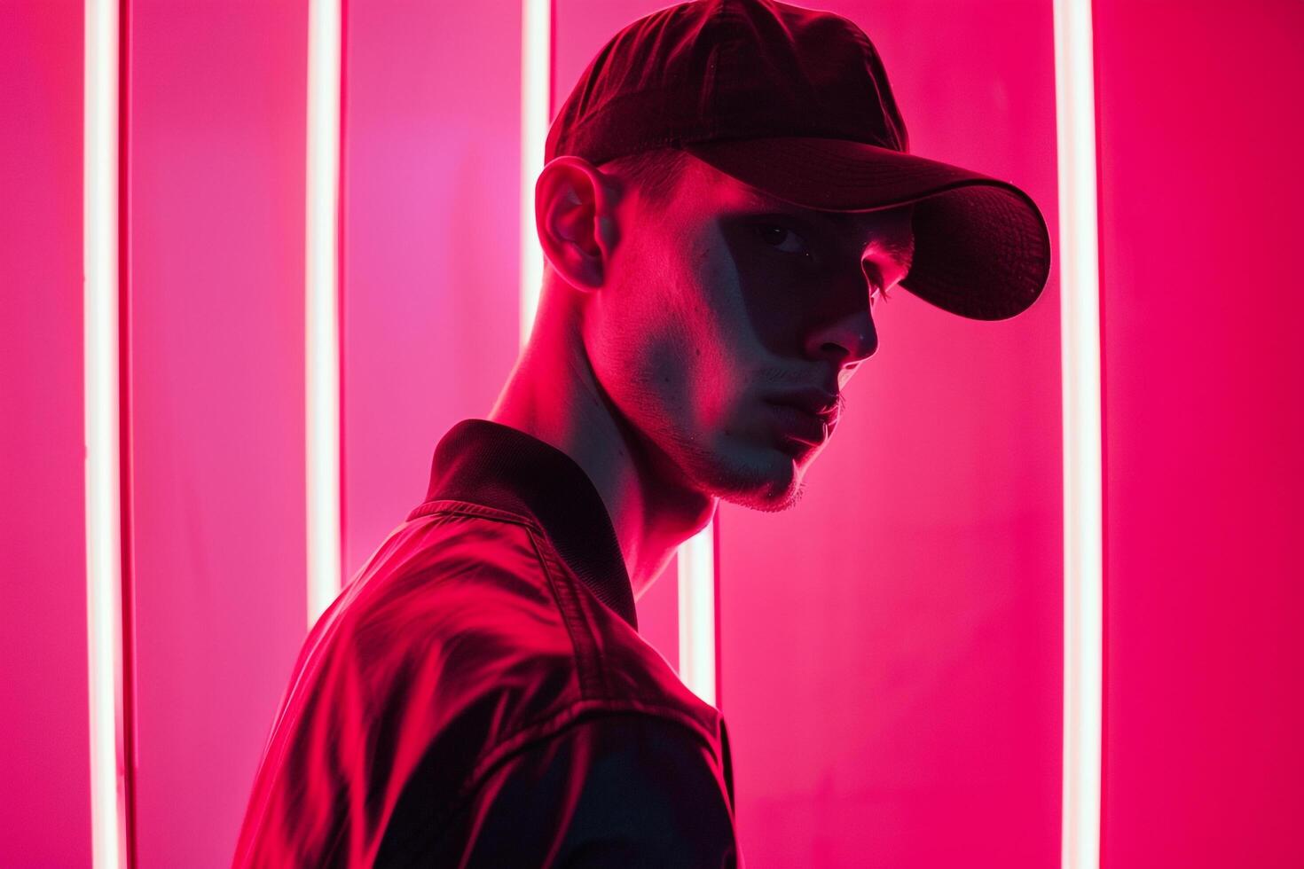Fashion Male Model in Charcoal Cap with Neon pink Accents Males portrait with Chic Look and Stylish Background photo