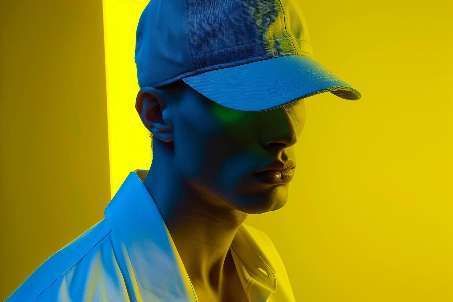 Fashion Male Model in Outfit Cap with Neon Yellow Males portrait with Stylish Appearance and Chic Look Against a Modern Trendy Background photo