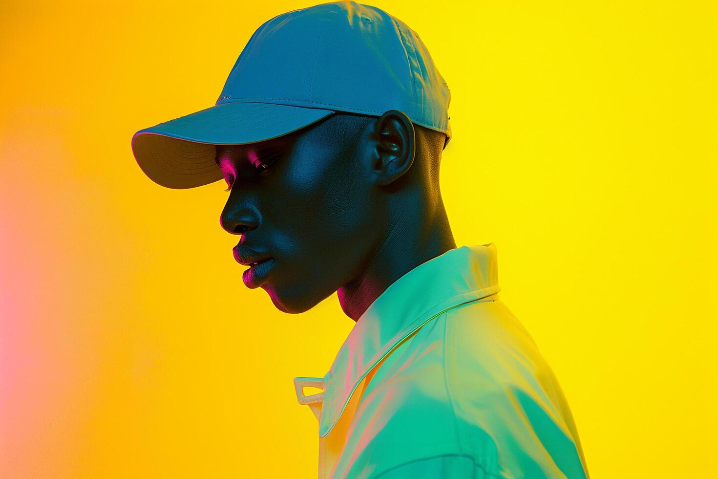 Handsome Fashion Male Model in Outfit Cap with Neon Yellow Males portrait with Chic Appearance and Stylish Look Set Against a Trendy Background photo