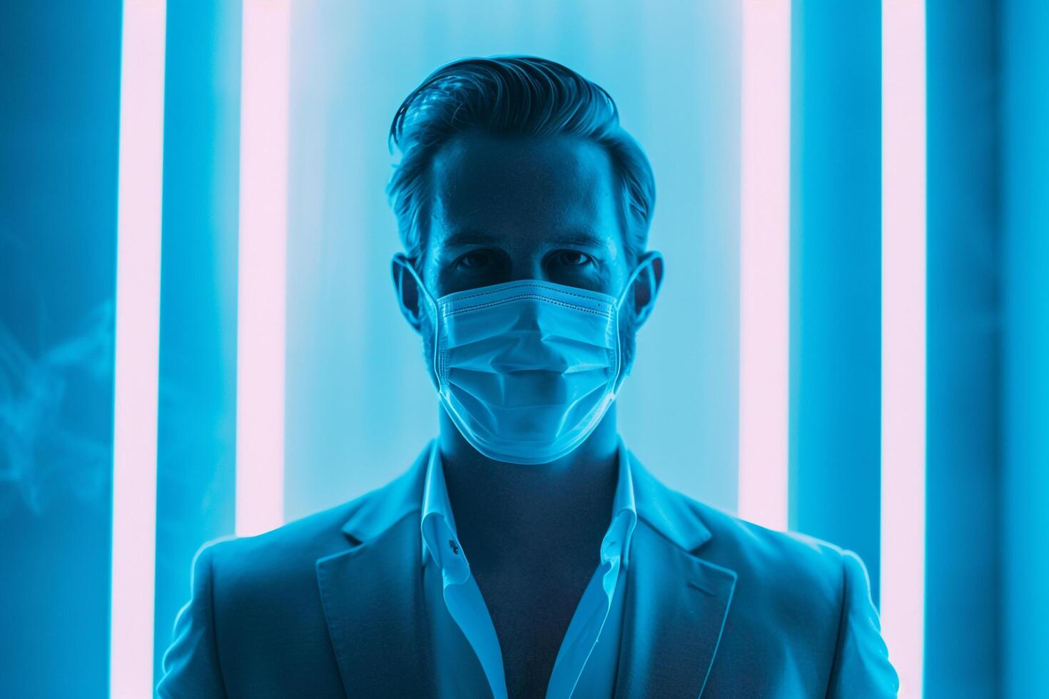 Handsome Fashion Male Model in Outfit Face Mask with Neon Aqua Males portrait Featuring Chic Appearance and Stylish Look with Trendy Background photo