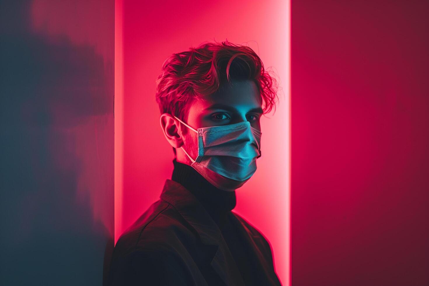Handsome Fashion Male Model in Outfit Face Mask with Neon Coral Males portrait Featuring Stylish Look and Chic Appearance with Trendy Background photo