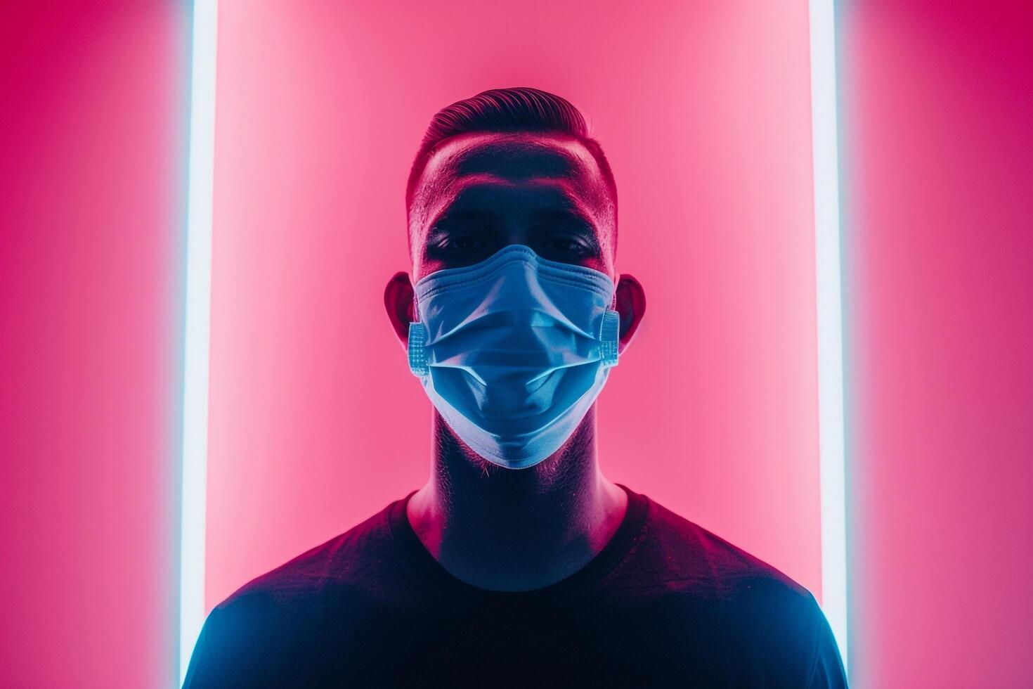 Trendy Fashion Male Model in Sky Blue Face Mask with Neon pink Males portrait Featuring Chic and Stylish Look with Fashionable Background photo
