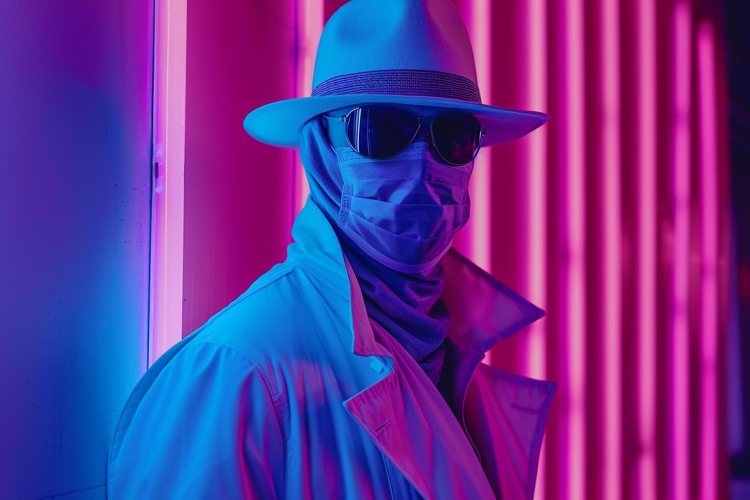 Handsome Fashion Male Model in Sky Blue Face Mask with Neon purple Males portrait Featuring Chic Appearance and Trendy Fashion Background photo
