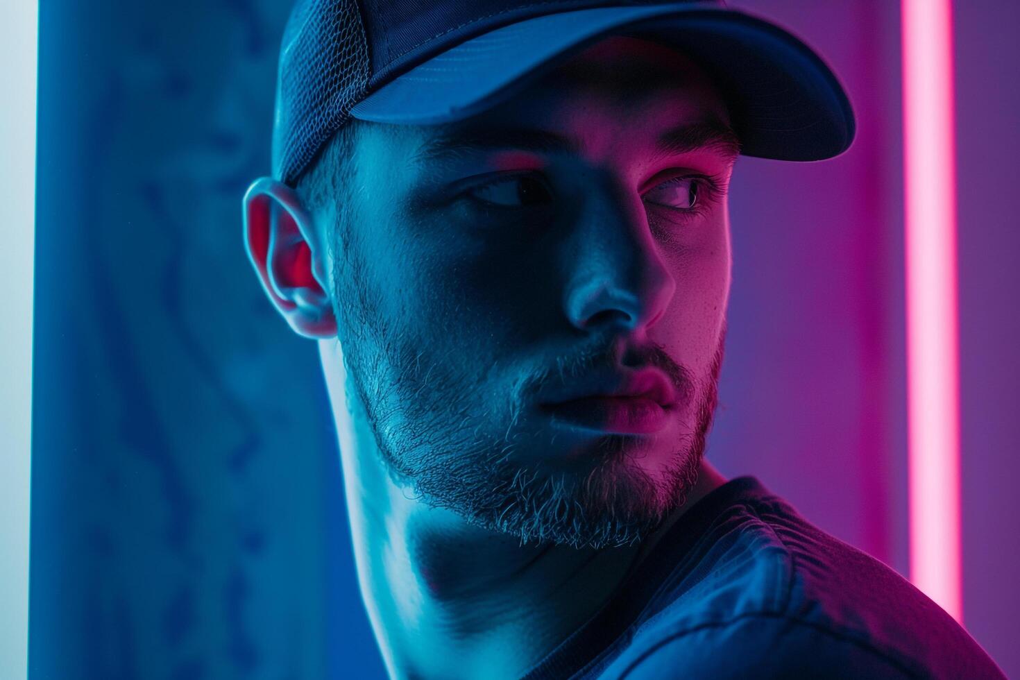 Trendy Fashion Male Model in Charcoal Gray Cap with Neon Blue Males portrait Featuring Stylish and Chic Appearance Against Fashionable Background photo