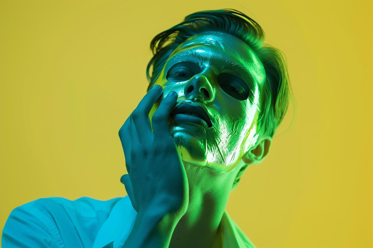 Fashion Male Model in Mint Green Face Mask with Neon Yellow Males portrait Featuring Chic Look and Stylish Appearance with Modern Fashion Background photo
