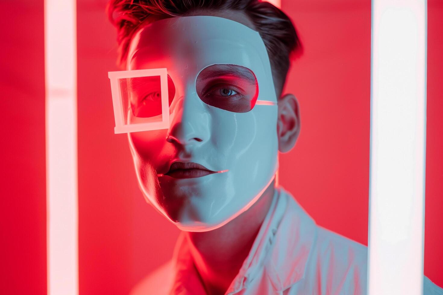 Neon Coral Mask Handsome Males portrait with Chic Style and Modern Fashion Background photo