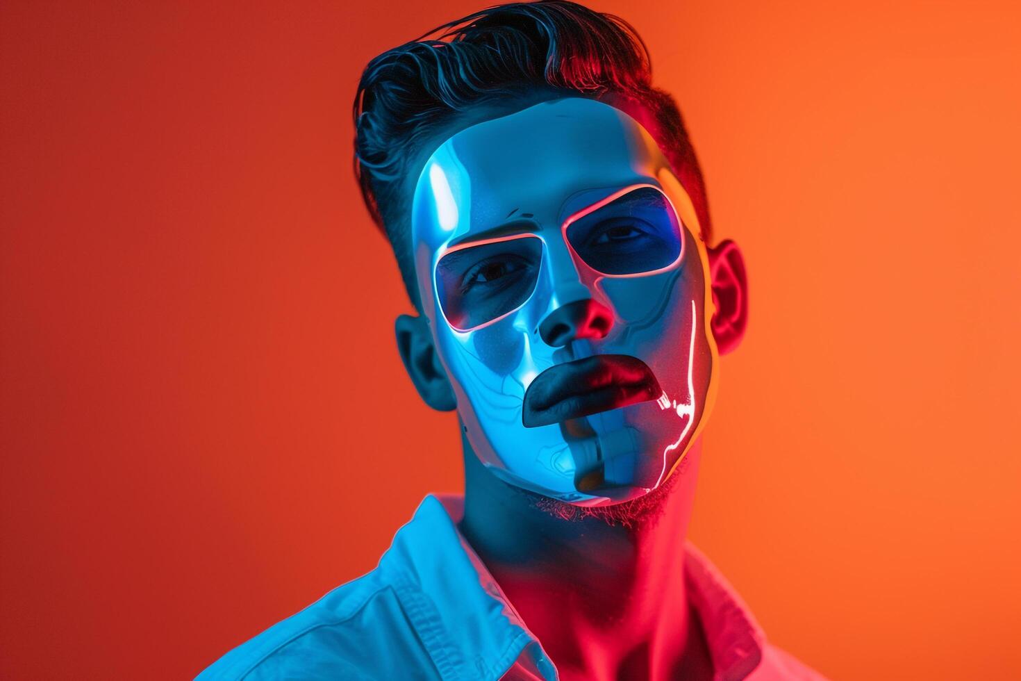 Light Blue Mask with Neon Orange Handsome Males portrait Featuring Chic Look and Stylish Fashion Background photo