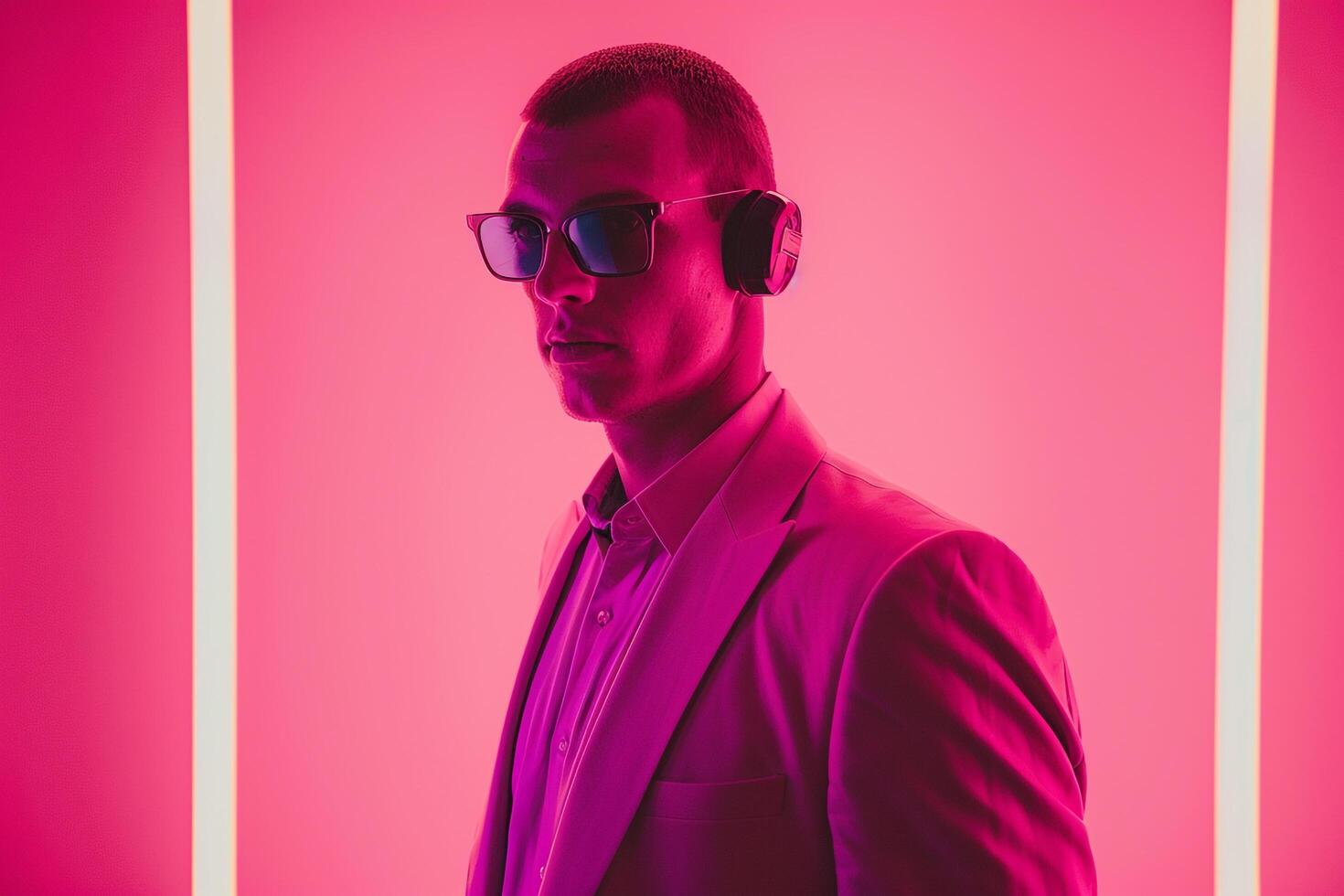 High end Headphones with Neon pink Handsome Males portrait Featuring Chic Look and Stylish Background photo