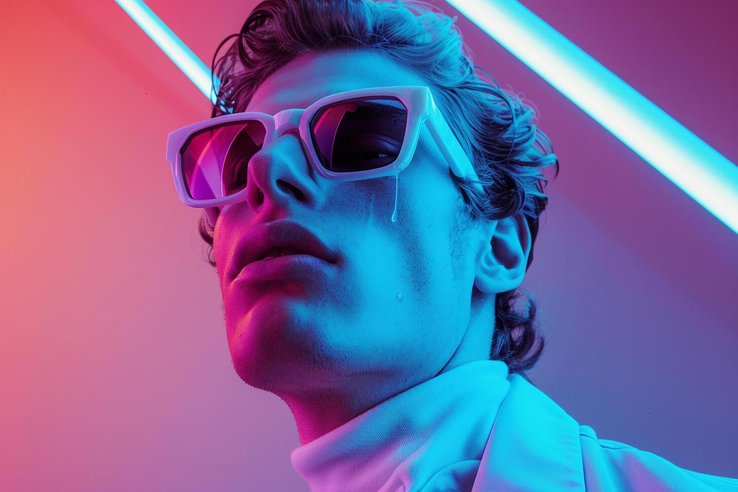 Outfit eyewear with Neon Blue Handsome Males portrait Featuring Chic Appearance and Stylish Background photo