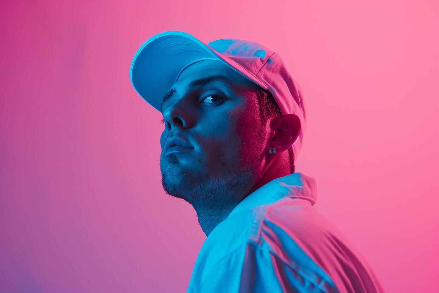 White Cap with Neon pink Background Handsome Males portrait Featuring Trendy Lifestyle and Fashionable Maleswear photo