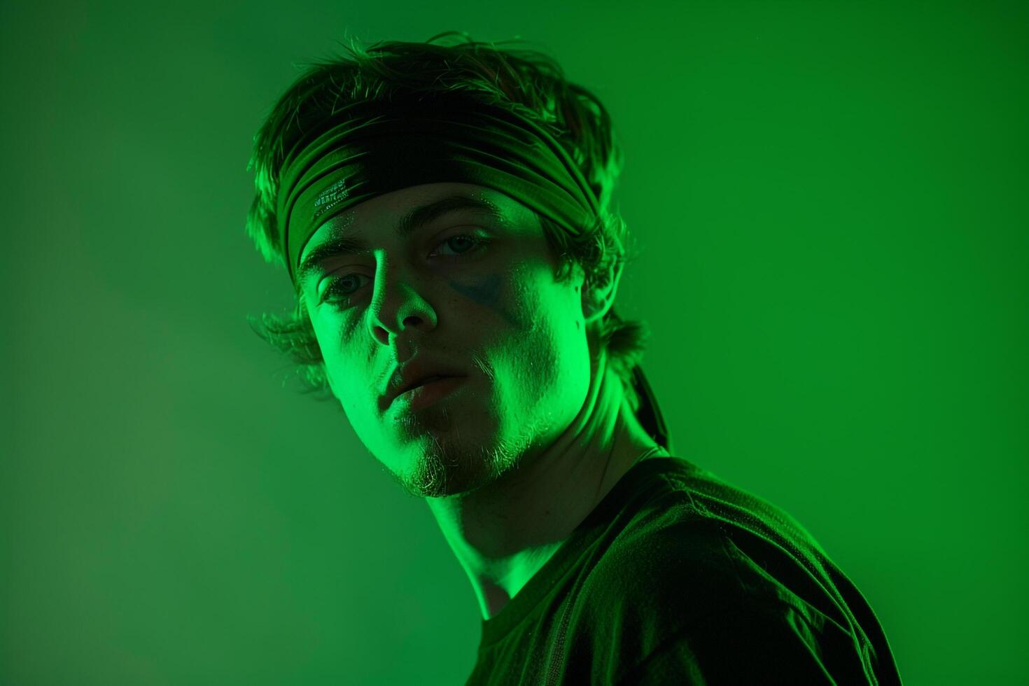 Black Bandana with Neon Green Background Stylish Males portrait Featuring Trendy Lifestyle and Fashionable Costume photo