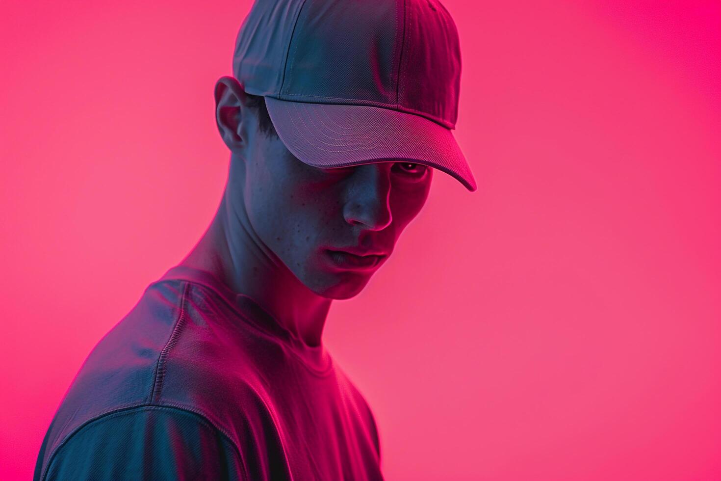 Gray Cap with Neon pink Background Handsome Males portrait Featuring Fashionable Lifestyle and Trendy Style photo