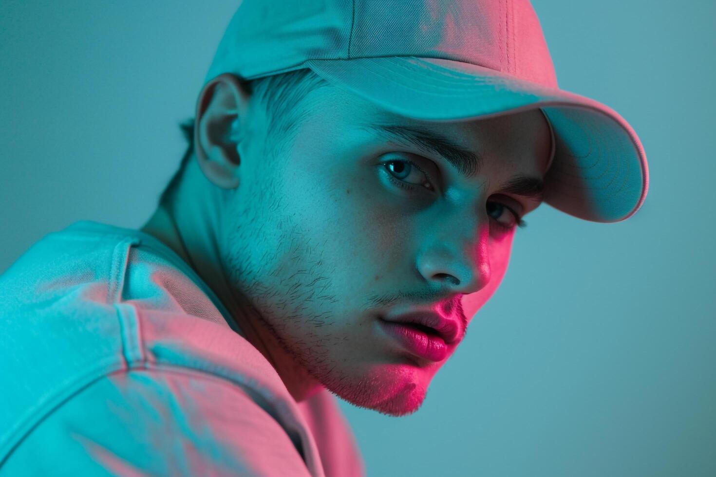 Outfit Cap with Neon Teal Background Fashionable Males portrait Featuring Trendy Lifestyle and Stylish Look photo
