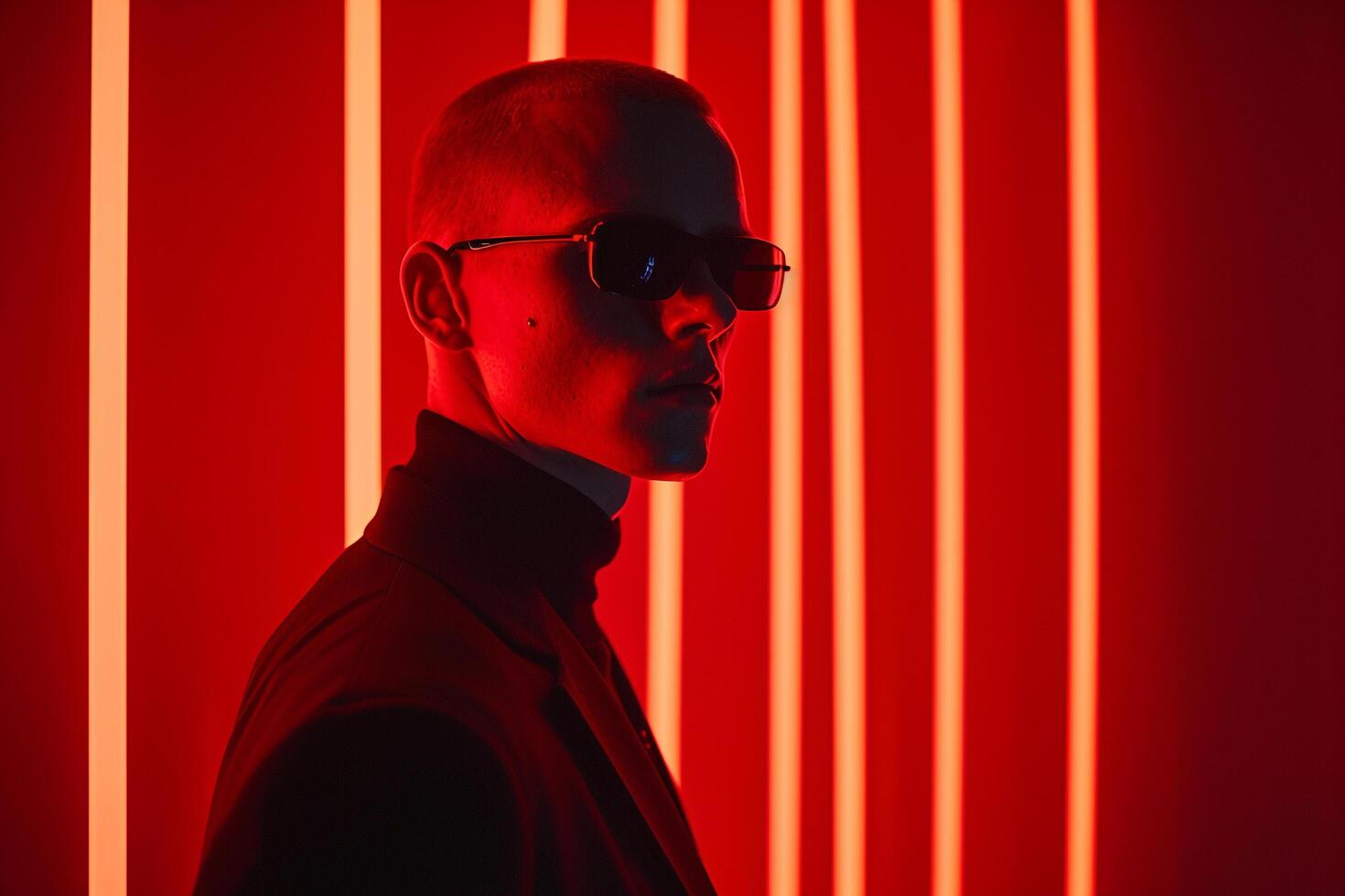 Black eyewear with Neon Red Background Handsome Males portrait Featuring Trendy Fashion and Stylish Look photo
