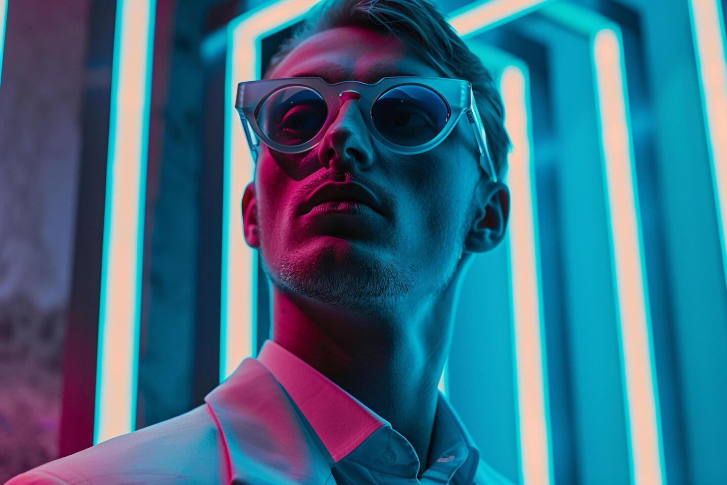 Fashionable Males portrait Handsome Male Model in Outfit eyewear with Neon Aqua Background and Trendy Look photo