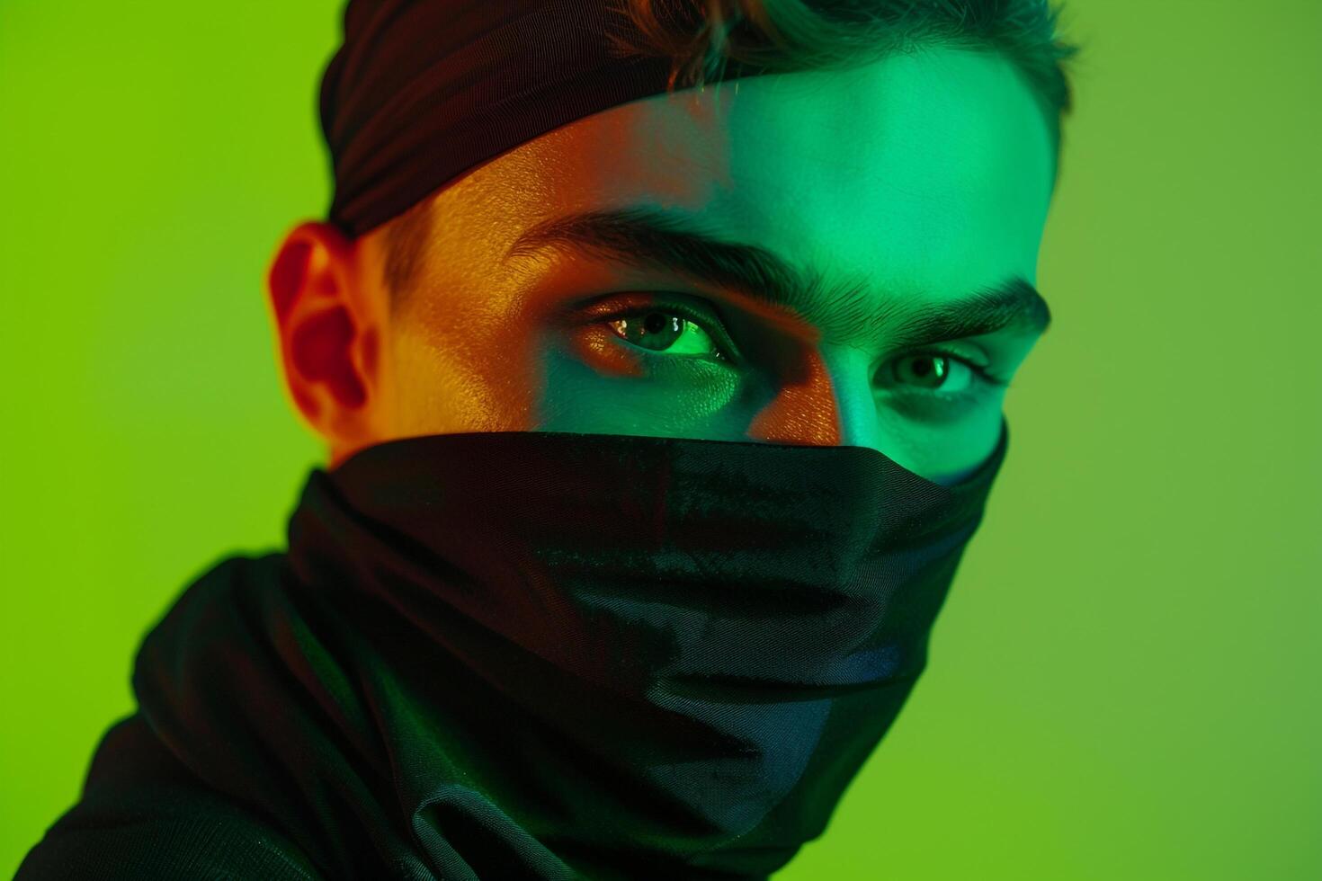Black Bandana with Neon Green Background Handsome Males portrait Featuring Trendy Style photo