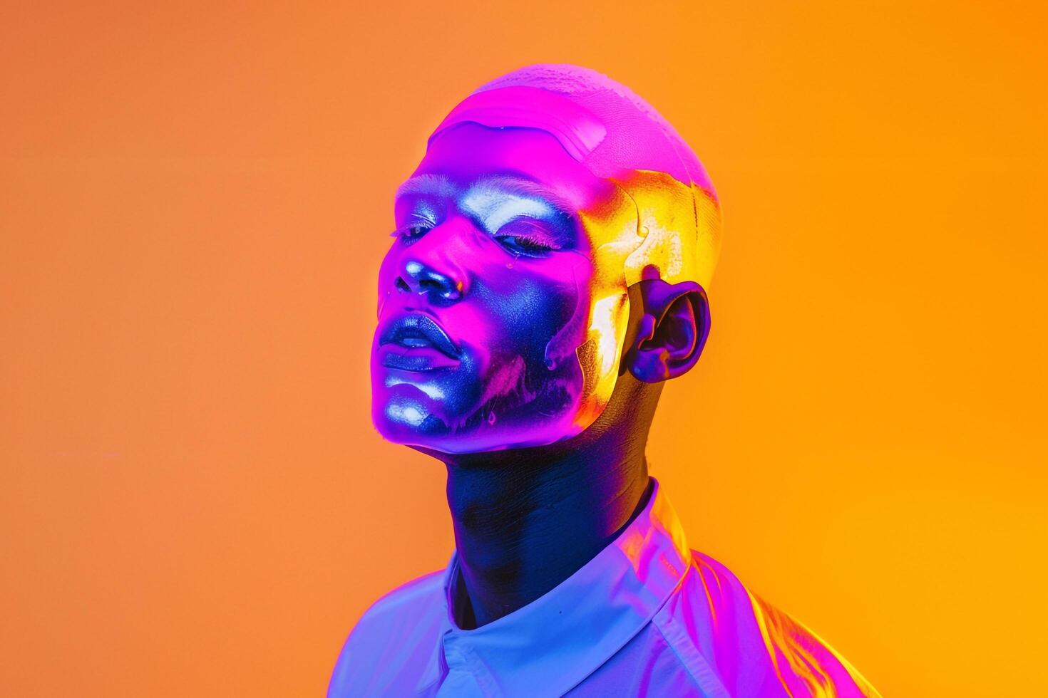 Trendy Males portrait Handsome Male Model in Neon purple Face Mask with Neon Yellow Background photo