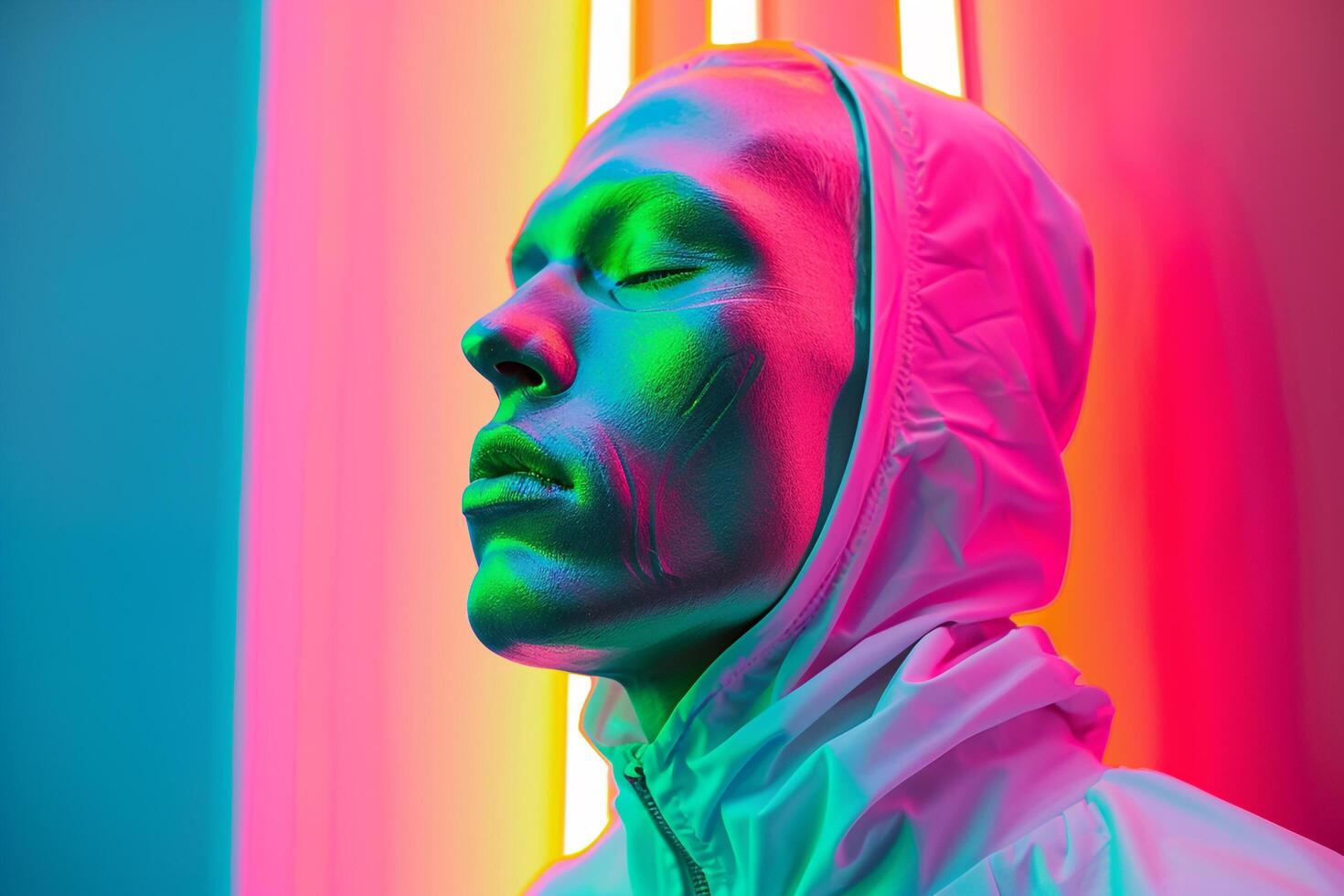 Neon Green Face Mask with Neon Magenta Background Handsome Males portrait Featuring Stylish Look photo