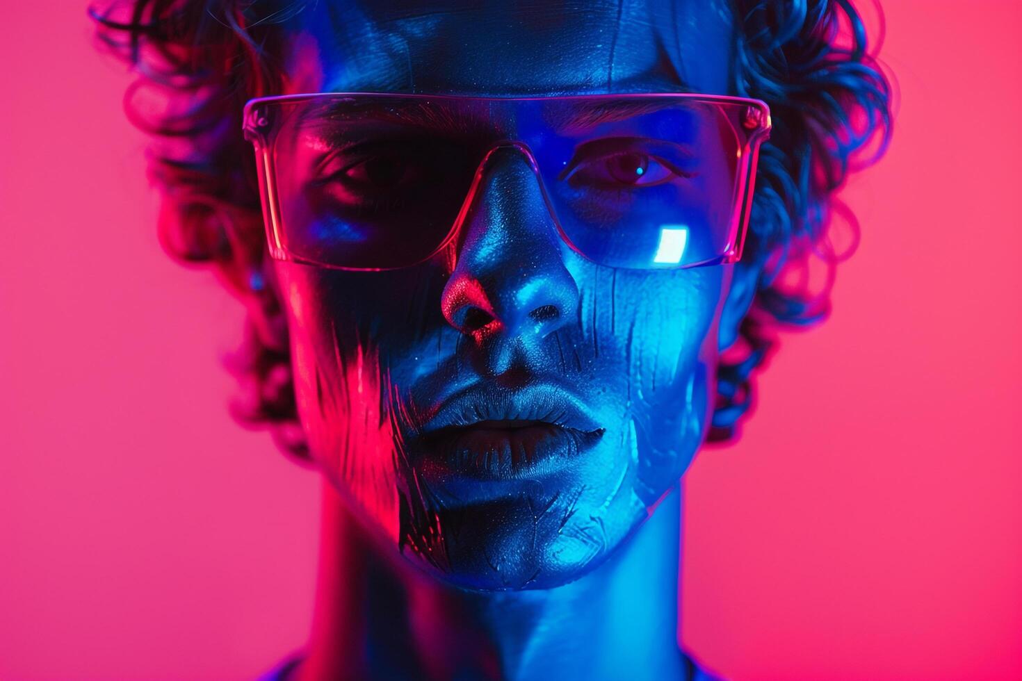 Handsome Fashion Male Model in Neon Blue Face Mask with Neon Coral Background Stylish portrait for Modern Male photo