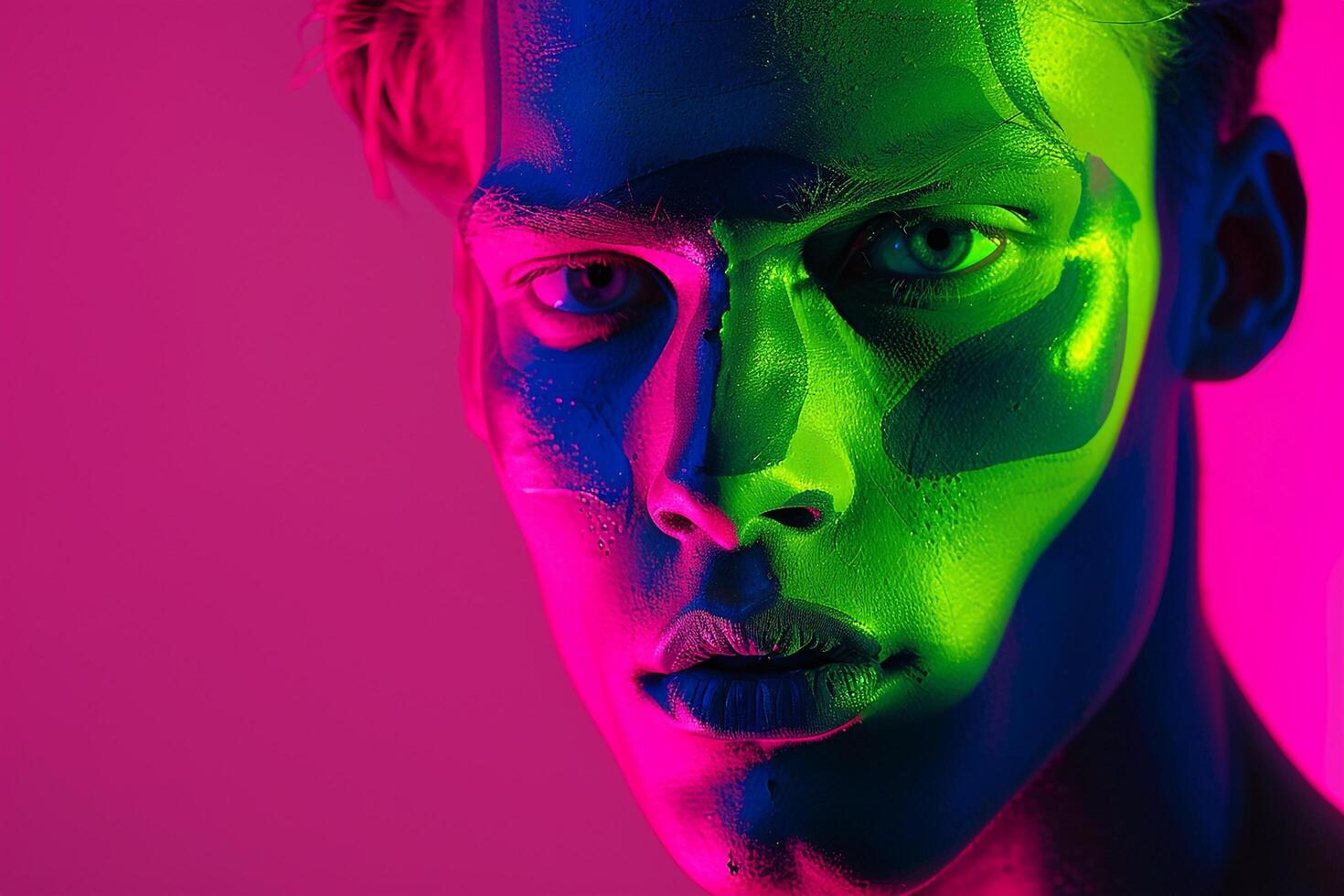 Handsome Fashion Male Model in Neon Green Face Mask with Neon Magenta Background Stylish Look photo